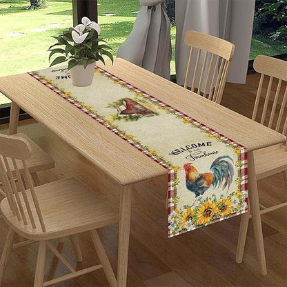 Rooster Table Runner, Farmhouse Red Plaid Sunflower Floral Chicken Farm Cow Pig Rustic Coffee Table Center Decor for Family Kitchen and Dining Room Outdoor Country Party Table Decorations, 13"x36"
