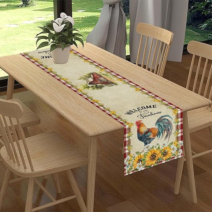 Rooster Table Runner, Farmhouse Red Plaid Sunflower Floral Chicken Farm Cow Pig Rustic Coffee Table Center Decor for Family Kitchen and Dining Room Outdoor Country Party Table Decorations, 13"x108"