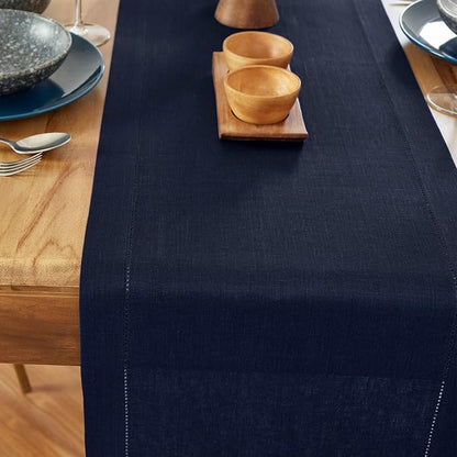 Solino Home Linen Table Runner 90 Inches Long - 100% Pure Linen Navy Blue Table Runner 14 x 90 Inch for Winter - Medium Weight Hemstitch