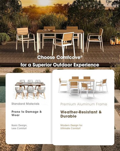 Outdoor Patio Dining Chairs Set of 2, Aluminum & HDPS All-Weather for Deck, Lawn, Backyard, Pool and Indoor Use (White & Teak)