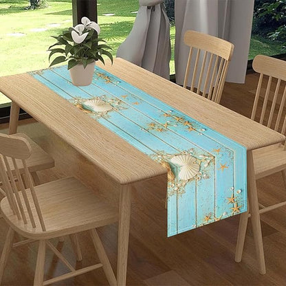 Summer Table Runner, Rustic Blue Teal Wood Beach Starfish Seashells Coastal Nautical Tropical Ocean Farmhouse Coffee Table Center Decor for Home Kitchen Dining Patio Indoor Outdoor, 13"x108" Inch