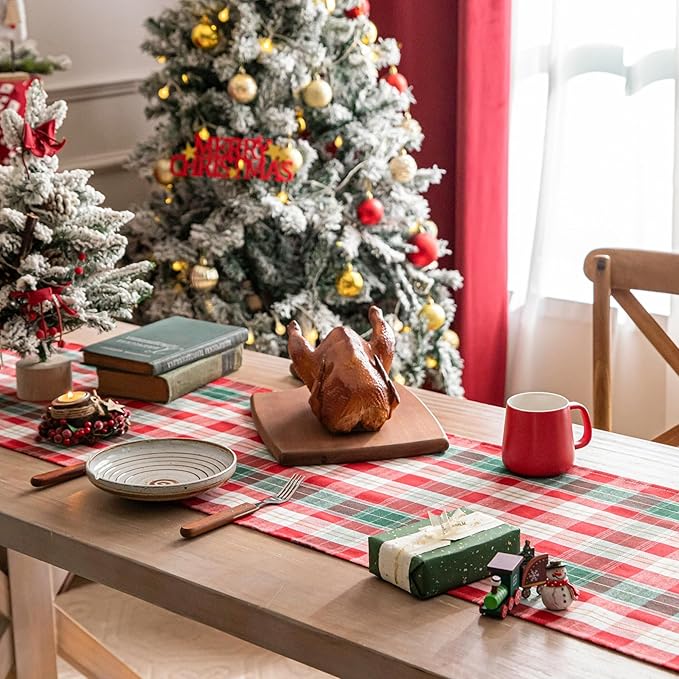 Red Gold Plaid Christmas Table Runner, Winter Holiday Table Runners 90 inches Long, Xmas Decorations Indoor Outdoor Farmhouse Home Kitchen Dining Party Decor