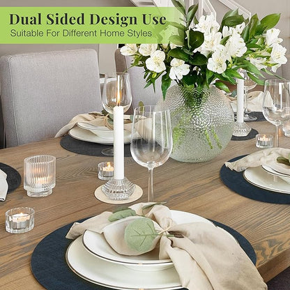 13-Inch Faux Leather Round Placemats Set of 4, Waterproof Anti-Slip Dual Sided Place mats, Heat Resistant Washable Table Mats with Coaster, Suitable for Indoor & Outdoor (4, Black Navy Blue)