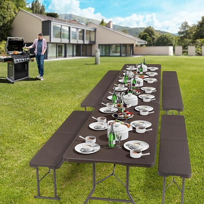 VINGLI 6 Foot Plastic Folding Table Portable Long Table for Indoor Outdoor Use Rectangular with Carrying Handle,Rattan Patterned HDPE Tabletop, Brown