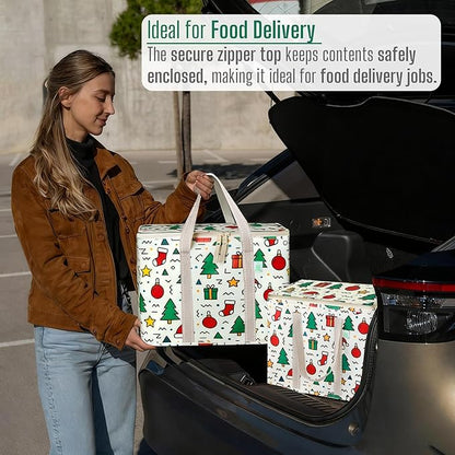 VENO 2 Pack Cooler Bag, Insulated Grocery Bags for Food Delivery, Collapsible Cooler, Reusable Shopping Bags for Groceries, Hard Bottom, Zippered, Foldable, Christmas Pattern (Jingle Mix, 2 Pack)