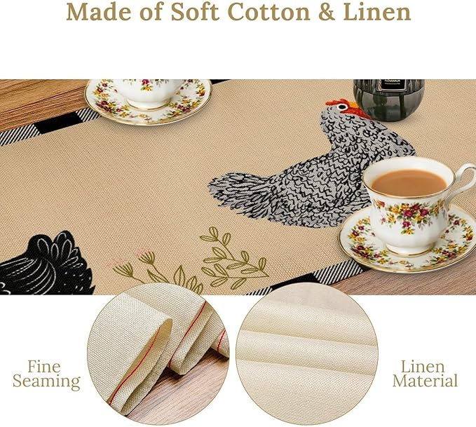Farmhouse Roosters Chickens Table Runners, Black White Buffalo Plaid Vintage Rustic Animal Table Runner for Wedding Coffee Dining Table Party Home 13x108in