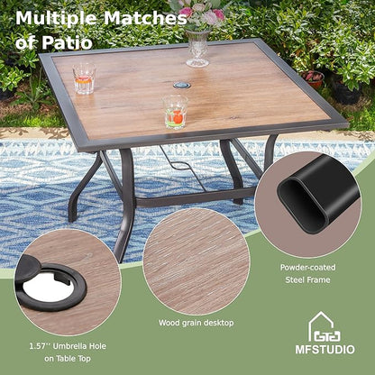 MFSTUDIO 37" Square Backyard Bistro Table Patio Dining Table Outdoor Furniture Garden Table, Imitation of Wooden Surface Top, 1.57” Umbrella Hole, Gray Frame