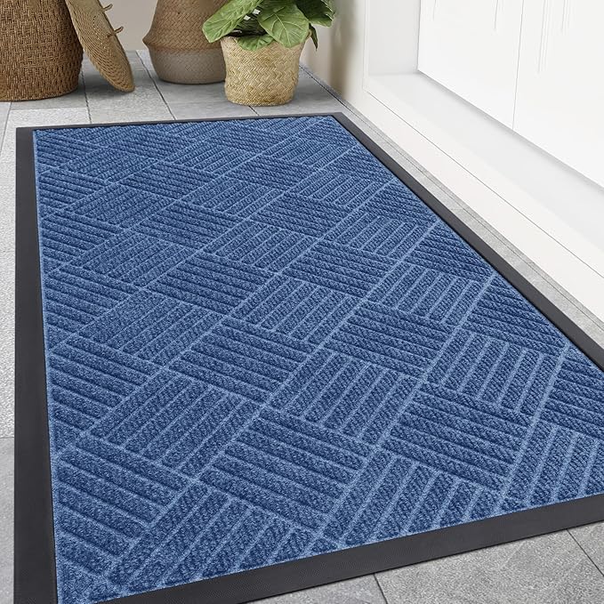 Smiry Front Door Mat Outside Entrance, Heavy Duty Outdoor Indoor Mat, Natural Rubber Doormat, Non Slip, Trap Dirt and Moisture, Easy Clean, Low Profile Patio Porch Entryway Mat, 59x35, Blue