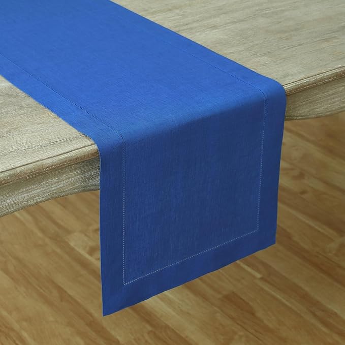 Solino Home Linen Royal Blue Table Runner 90 Inches Long - 100% Pure Linen 14 x 90 Inch Table Runner for Spring - Classic Hemstitch
