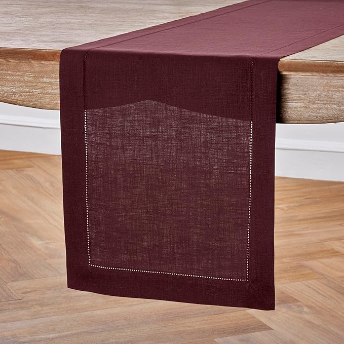 Solino Home Linen Burgundy Table Runner 132 Inches Long - 100% Pure Linen Extra Long Table Runner 14 x 132 Inch for Valentines, Winter - Classic Hemstitch