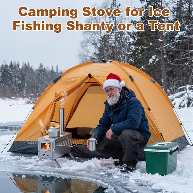 Hot Tent Stove, Camping Wood Burning Stove with 7 Stainless Chimney Pipes and Anti-Spark, Small Camping Wood Stove for Outdoor Heating, Cooking, Ice Fishing, Hunting