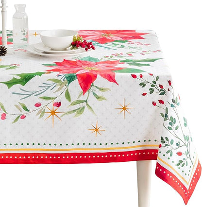 Maison d' Hermine Table Cloth Rectangle Table 100% Cotton 60 x 108 Inches Fall Tablecloth Reusable Everyday Use for Thanksgiving Christmas Decorations Dining Farmhouse Party (Poinsettia Christmas)