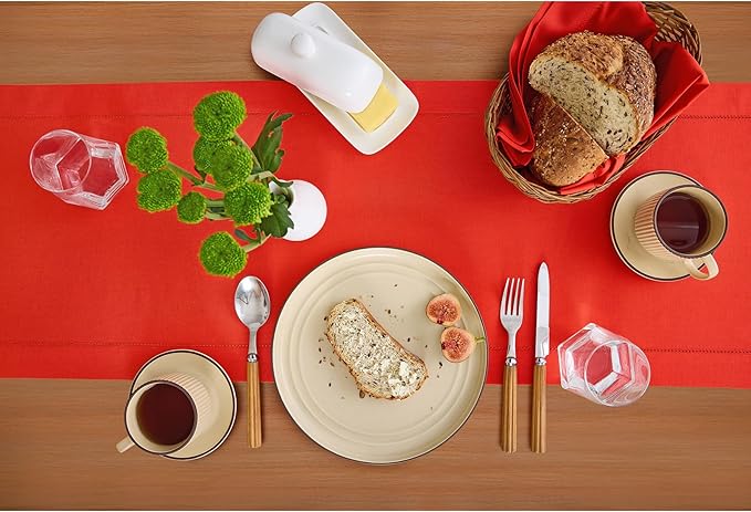 Solino Home Cotton Linen Table Runner 36 Inches - Poppy Red Hemstitch Table Runner 14 x 36 Inch Ideal for Dresser and Coffee Tables, Valentines