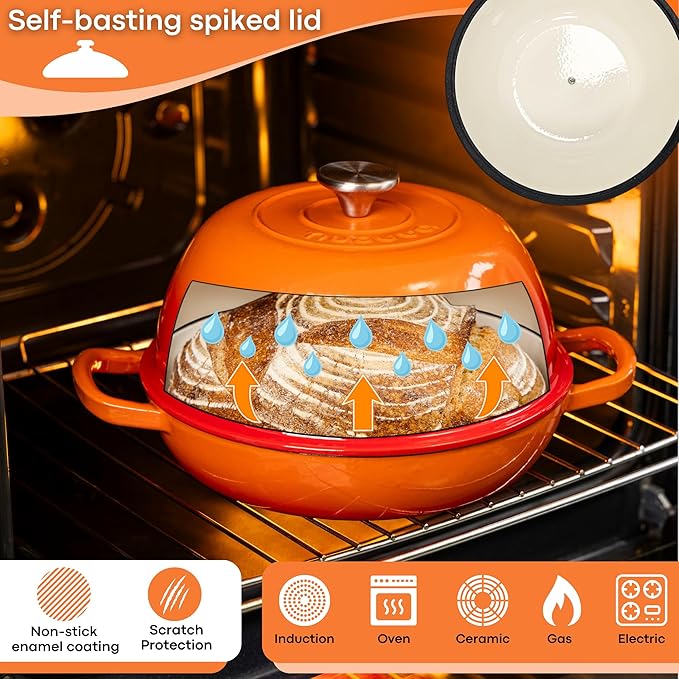 Enamelled Cast Iron Dutch Oven Pot – Dutch Oven For Sourdough Bread Baking – Cast Iron Bread Pot – Orange, 6 Quarts, 26cm – by Nuovva