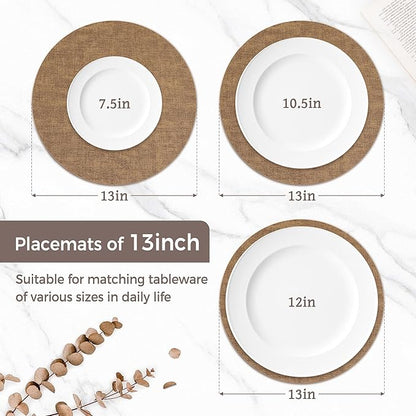 13" Round Placemats Set of 6, Reversible Faux Leather Heat Resistant Table Mats, Waterproof Oilproof Wipeable Table Protective Placemats for Vinyl, Washable for Indoor & Outdoor Use (6, Light Brown)