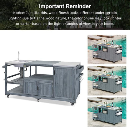 75.4" Outdoor Kitchen Grill Cart with Sink, Solid Fir Wood Island for XL Egg Grills, Rolling BBQ Bar Cart with Stainless Steel Top & Storage, Brown