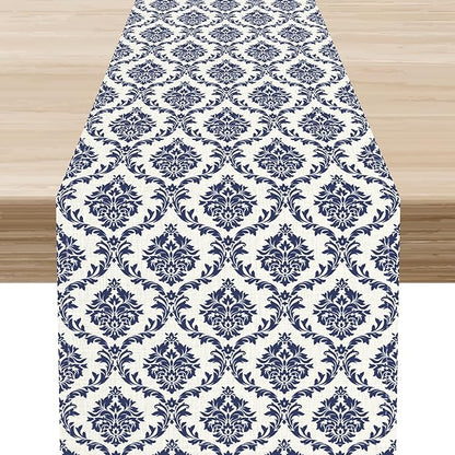 Damask Table Runner, Rustic Gothic Baroque Style Floral Bohemian Boho Blue Flower Antique Vintage Coffee Table Center Decor for Kitchen and Dining Outdoor Country Party Table Decorations, 13"x36"