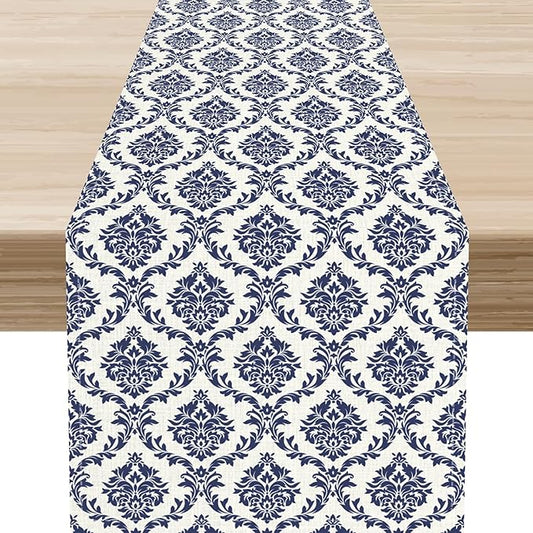 Damask Table Runner, Rustic Gothic Baroque Style Floral Bohemian Boho Blue Flower Antique Vintage Coffee Table Center Decor for Kitchen and Dining Outdoor Country Party Table Decorations, 13"x108"