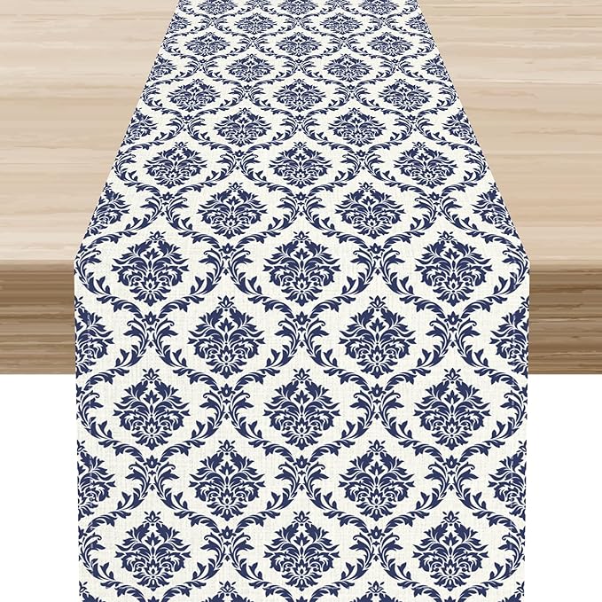 Damask Table Runner, Rustic Gothic Baroque Style Floral Bohemian Boho Blue Flower Antique Vintage Coffee Table Center Decor for Kitchen and Dining Outdoor Country Party Table Decorations, 13"x90"