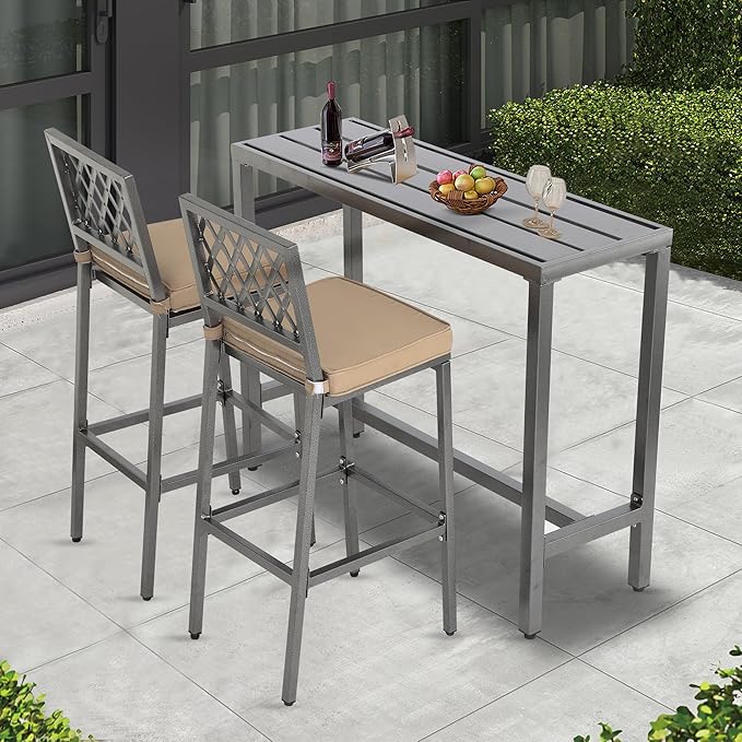 Outdoor Patio Bar Set, Bar Height Patio Dining Set, Weather-Resistant Bistro Counter Pub Set with Cushions & Slatted Tabletop for Backyard, Garden, Yard (47" Table, 2 "X Style Stool, Gray)