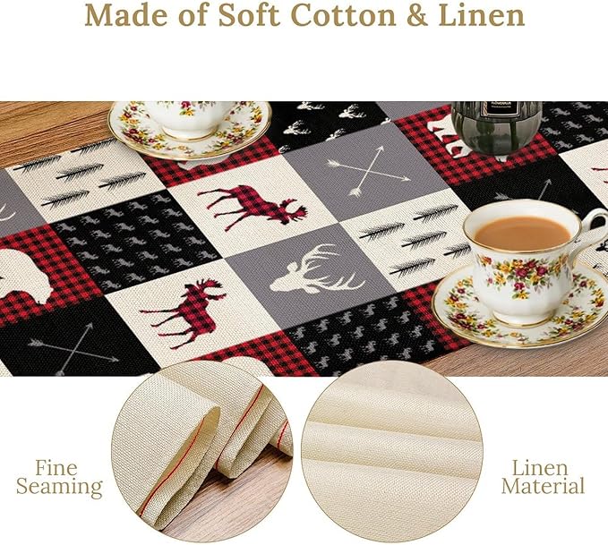 Farmhouse Bear Deer Table Runner, Retro Rustic Village Buffalo Plaid Table Runner for Coffee Table Dining Room Table Bedroom Party Holiday 13x90in