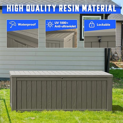 KAMABOKO Outdoor Storage Box, 180 Gallon Large Outdoor Resin Deck Box, Storage Waterproof Boxes Lockable Lid for Garden Tools, Pool Supplies, Patio Furniture and Cushions, Grey