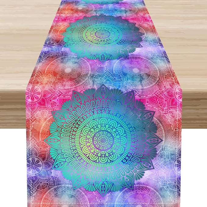 Bohemian Flroal Table Runner, Vintage Colorful Pink Boho Geometric Mandala Flower Paisley Rustic Coffee Table Center Decor for Family Kitchen and Living Room Outdoor Table Decorations, 13"x108"