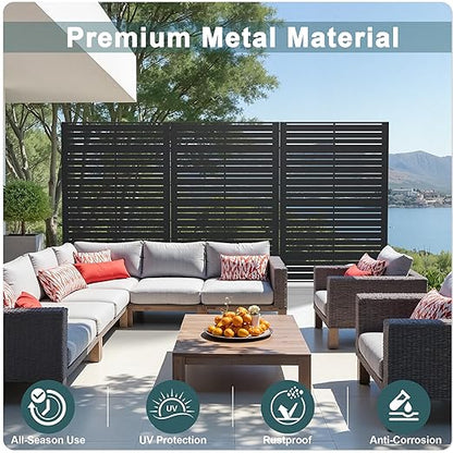 Casaphoria Metal Privacy Screen Outdoor, 72" H x 47" W Freestanding Decorative Privacy Screen for Patio Deck Balcony Garden with Stable Base, Black-Benjamin