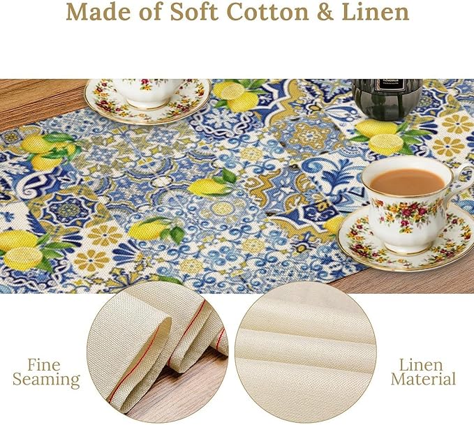 Farmhouse Rustic Lemon Table Runner,Vintage Morocco Blue Tiles Mediterranean Summer Fruit Print Table Runner for Kitchen Dining Table Home Party Decor 13x36in