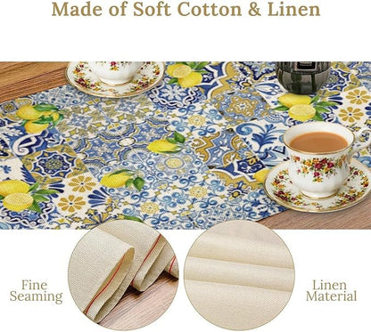 Farmhouse Rustic Lemon Table Runner,Vintage Morocco Blue Tiles Mediterranean Summer Fruit Print Table Runner for Kitchen Dining Table Home Party Decor 13x108in