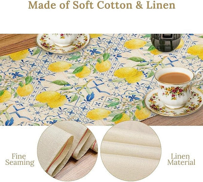 Lemon Table Runner, Summer Fruit Vintage Morocco Blue Tiles Table Runners for Farmhouse Coffee Home Kitchen Dining Party Patio Outdoor 13x36in