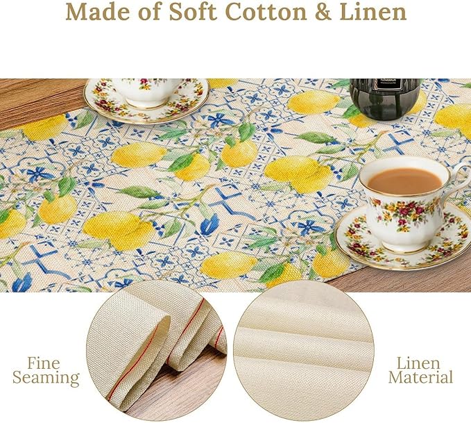 Lemon Table Runner, Summer Fruit Vintage Morocco Blue Tiles Table Runners for Farmhouse Coffee Home Kitchen Dining Party Patio Outdoor 13x70in