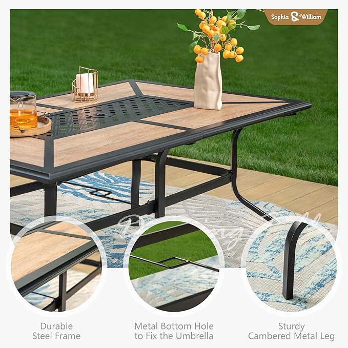 Sophia & William Patio Dining Sets Outdoor Dining Set for 6 Patio Table and Chairs Set 7 Pieces with Swivel Patio Chairs, 61"x 38" Wood Like Metal Table for Garden Pool All Weather Brown