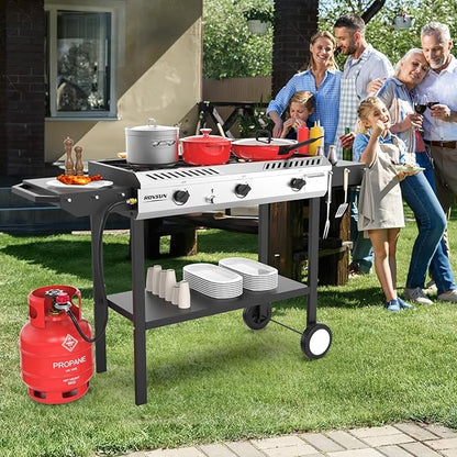 ROVSUN 3 Burner Outdoor Propane Gas Stove with Ignition, Regulator & Side Shelves, 225,000 BTU Rolling Gas Stove Outdoor Cooker for Backyard Patio Cooking Home Camping Brewing Canning Turkey Frying