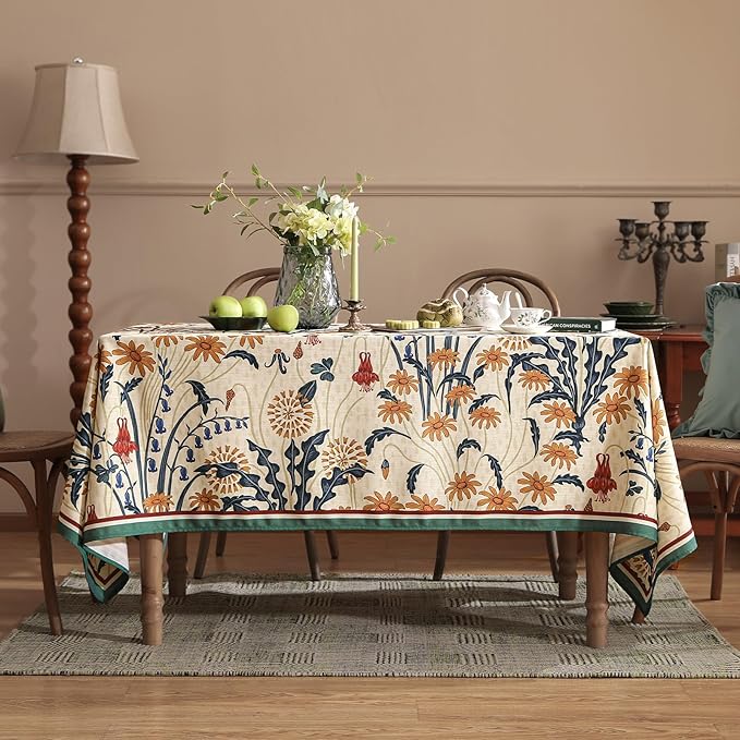 French Vintage Rectangular Tablecloth,Linen Extra Long Tablecloth with Gold and Red Floral Pattern,Decorative Table Cover for Kitchen,Dining,Thanksgiving,Living Room,63" × 110"-Tijuana