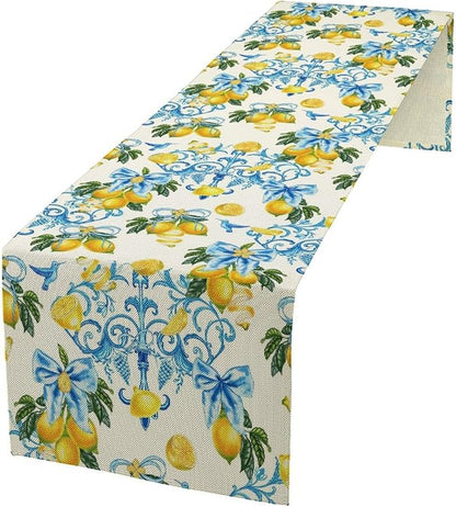 Lemon Table Runner, Summer Hummingbirds Flower Bows Print Table Runner for Farmhouse Coffee Home Kitchen Dining Outdoor Party 13x70in