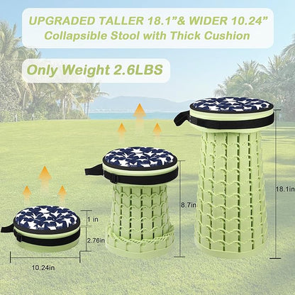 ALEVMOOM Upgraded Collapsible Stool with Thickened Cushion 18.1",600Lbs Max Weight Wider & Taller Pop Up Stool, Heavy Duty Portable Retractable Folding Chair or Travel Foot Rest for Camping & Outdoors