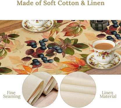Autumn Leaf Table Runner, Thanksgiving Autumn Harvest Watercolor Black Berry Floral Fruit Leaves Vintage Table Runner for Home Party Picnic Dinner Table Decor, 13x90inch