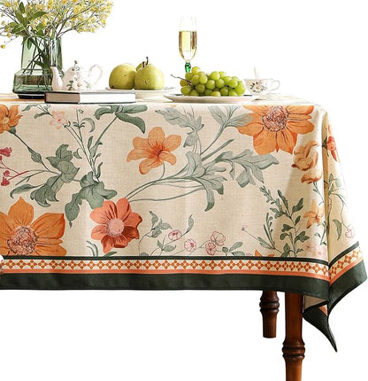 French Long Tablecloth for Rectangle Table,Linen Orange Floral Wrinkle Resistant Tablecloths,Decor Table Cover for Kitchen,Dining,Tea Party,Thanksgiving,Christmas,63"*102"-Milch
