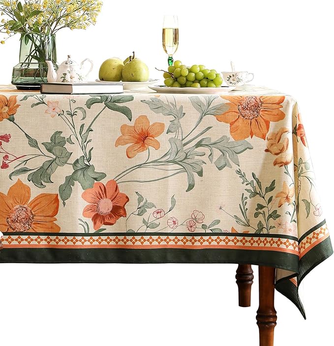 French Extra Long Tablecloth for Rectangle Table,Linen Orange Floral Wrinkle Resistant Tablecloths,Decor Table Cover for Kitchen,Dining,Party,Thanksgiving,Christmas,63"*110"-Milch