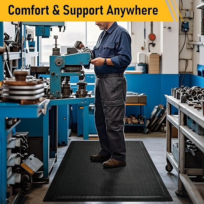 Nisorpa Anti Fatigue Mats Industrial 2' x 6' Ergonomic Standing Mat 15/16" Extra Thick Kitchen Rugs for Standing Heavy Duty Commercial Diamond Plate - Safety Support for Leg & Back Pain, Black