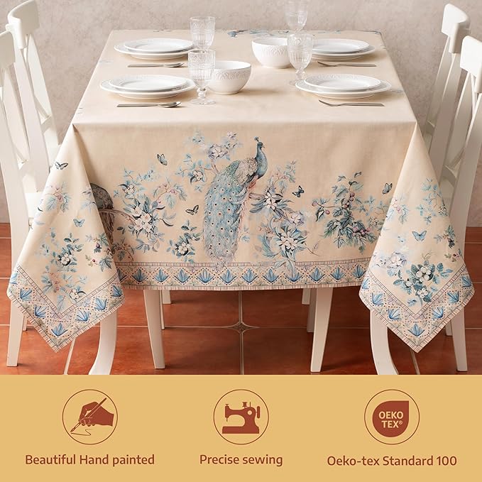 Maison d' Hermine Premium Table Cloth Rectangle Table 100% Combed Cotton 120 x 70 Inches Tablecloth Reusable Decorative for Dining Room, Home, Party, Festive & Wedding - Peacock Utopia - Sandy Beach