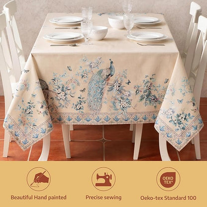 Maison d' Hermine Premium Table Cloth Rectangle Table 100% Combed Cotton 90 x 70 Inches Tablecloth Reusable Decorative for Dining Room Farmhouse Party Festive Wedding - Peacock Utopia - Sandy Beach