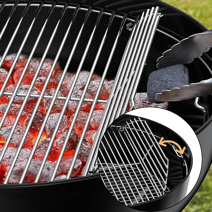 Hinged Cooking Grate for 22” Charcoal Grill, Round Charcoal Grate for Weber 7436, Grill Grate Replacement Part for Weber One-Touch, Smokey Mountain Cooker, 22" Kettle Charcoal Grill Parts with Handle