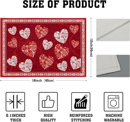 Giwawa Love Heart Placemats Set of 4, Valentines Day Red White Hearts Print Linen Place Mat 12x18 Inch, Romantic Non-Slip Washable Table Mats Kitchen Dining Tabletop Holiday Party Wedding Decor