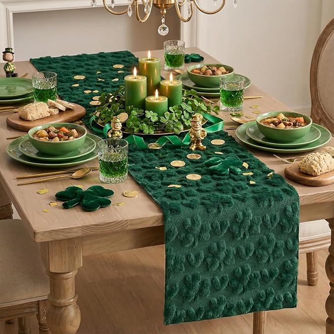 Artoid Mode Green Soft Plush Faux Fur Jacquard Heart Clover St. Patrick's Day Table Runner, Seasonal Kitchen Dining Table Decoration for Home Party Decor 13x60 Inch