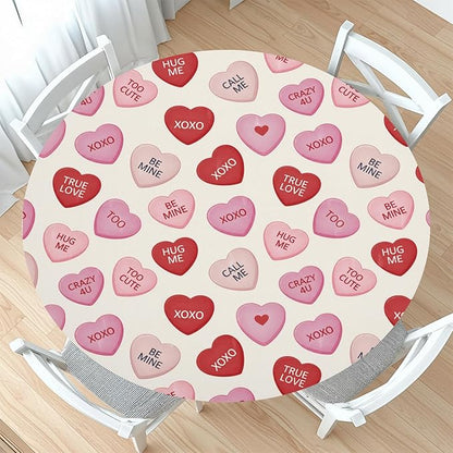 Valentines Day Round Fitted Tablecloth with Elastic Pink Red Love Hearts Circle Table Cloth for 48-52" Round Tables Wipeable Waterproof Valentines Decorative Table Cover for Picnic Dining Party Decor