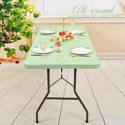 10 Pack Stretch Fabric Table Top Cap Cover, Sage Green Table Covers fits 6Ft Tables, Washable Elastic Universal Rectangle Tablecloth Protector for Indoor Outdoor Party Picnic Wedding (30" W x 72" L)