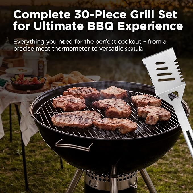 Kaluns Grilling Accessories, Dad Gifts for Christmas Grilling Gifts, Heavy Duty Stainless Steel Grill Set BBQ Grill Accessories for Outdoor Grill with Meat Thermometer, Case and Apron