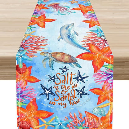 Summer Ocean Table Runner, Blue Sea Coastal Nautical Starfish Turtle Dolphin Seashell Undersea Table Runner Seasonal Holiday Home Kitchen Dining Table for Home Party Decor 13"x108"